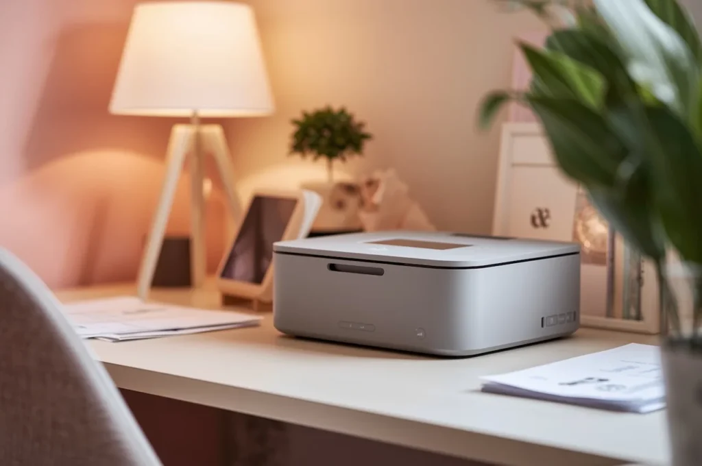 stampante moderna su scrivania domestica illuminata, ideale come miglior stampante per casa