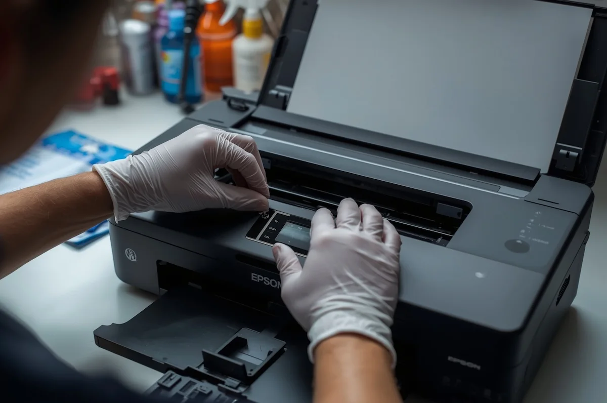 Mani con guanti che puliscono le testine di una stampante Epson su un tavolo da lavoro, con bottiglie di inchiostro sullo sfondo.