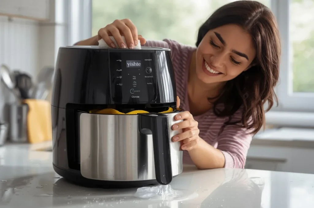 Donna che pulisce una friggitrice ad aria moderna in cucina, sorridente mentre rimuove il cestello in acciaio.