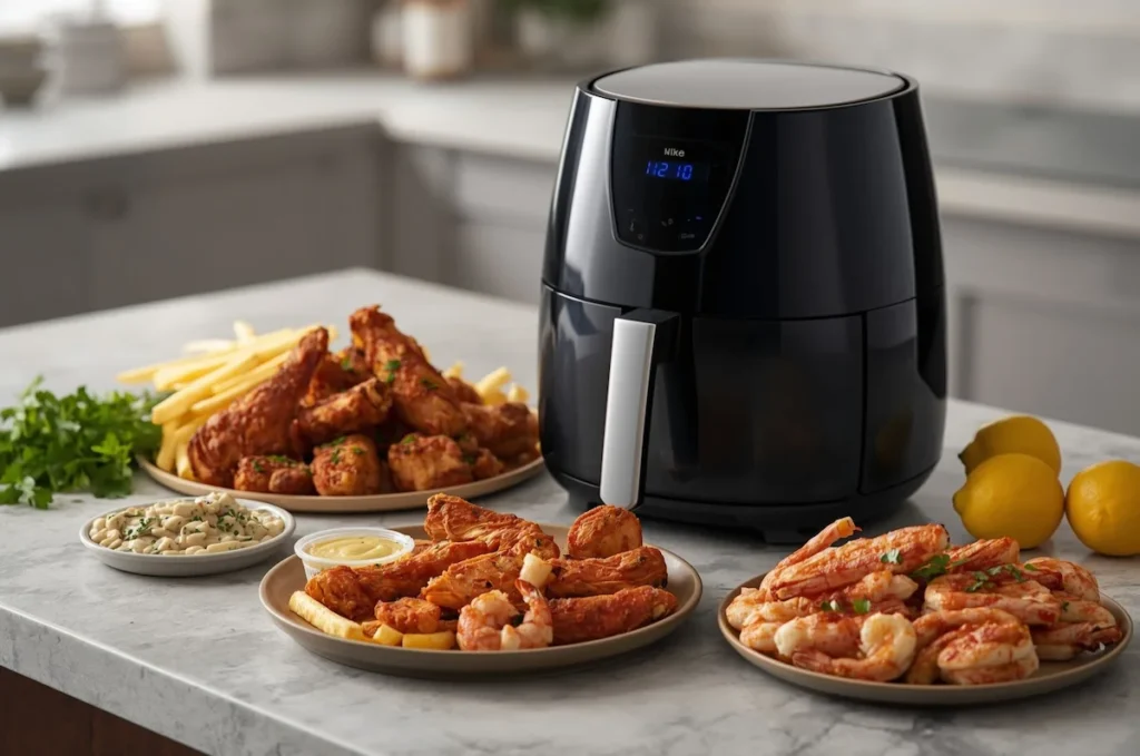 Friggitrice ad aria moderna in acciaio inox su piano cucina in marmo con illuminazione calda sottopensile.`