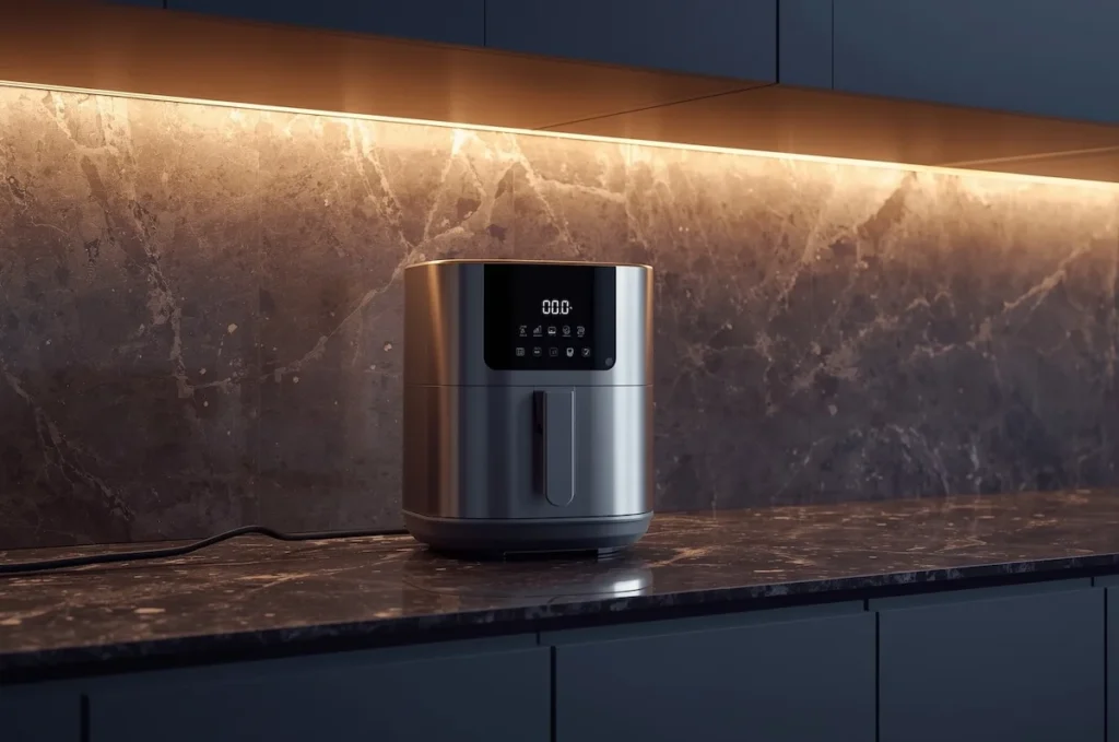 Friggitrice ad aria moderna in acciaio inox su piano cucina in marmo con illuminazione calda sottopensile.`